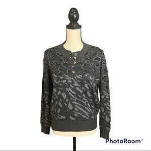 Heartloom | Women's Black Gray Cheetah Print 1/4 Button Crewneck Sweater Sz M